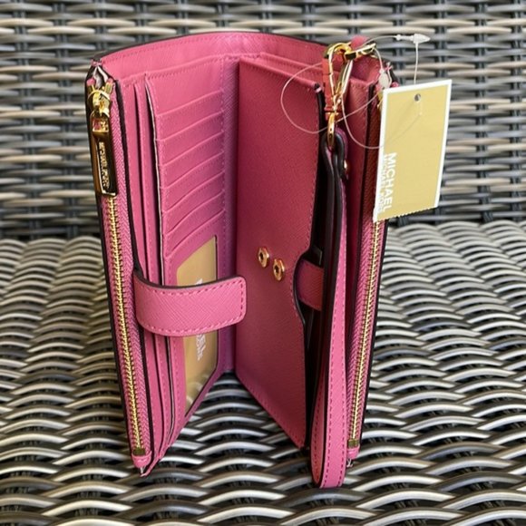 Michael Kors Jet Set Travel Large Double Zip Wristlet Wallet Rosewood Leather - Picture 8 of 16